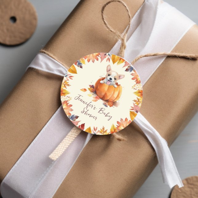 Cute Pumpkin Puppy Baby Shower  Classic Round Sticker (Watercolor Fall Foliage Baby Shower Classic Round Sticker)