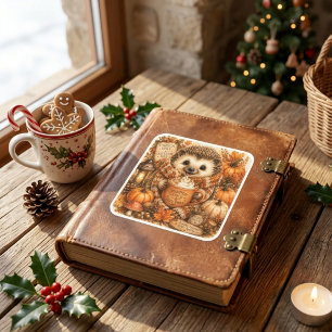 Cute Pumpkin Spice Hedgehog Watercolor Art Square Sticker