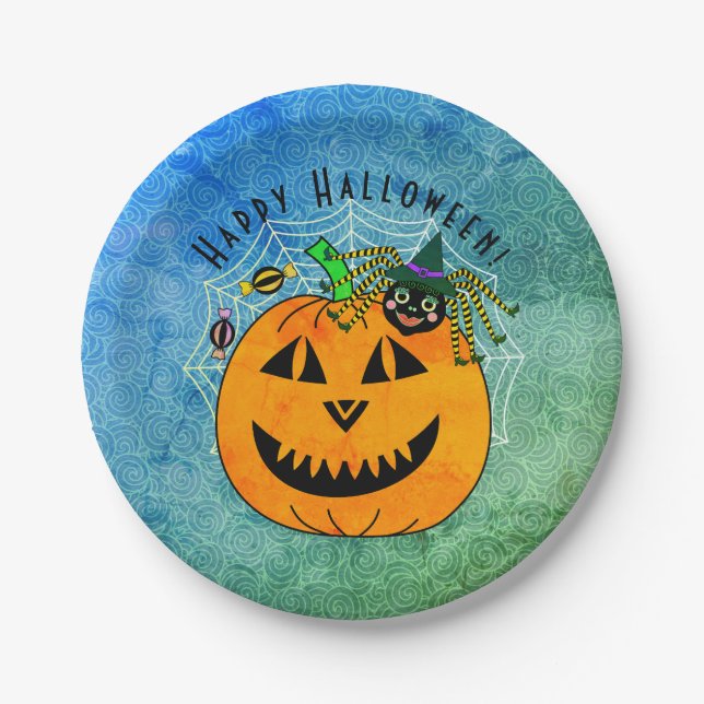 Cute Pumpkin Spider Witch Halloween Party Paper Plate (Front)