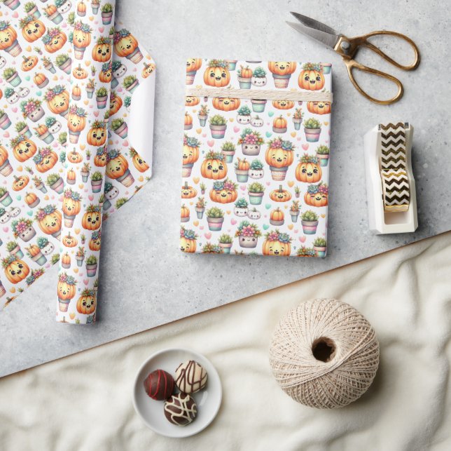 Cute Pumpkin Succulent Planter Pattern Wrapping Paper (Crafts)