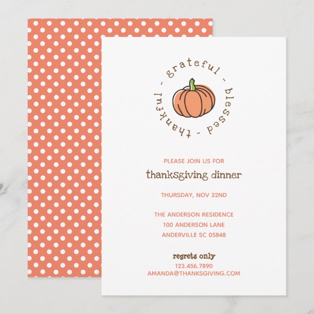 Cute Pumpkin Thankful Polka Dots Thanksgiving Invitation (Front/Back)
