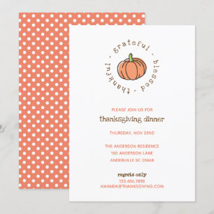 Cute Pumpkin Thankful Polka Dots Thanksgiving Invitation