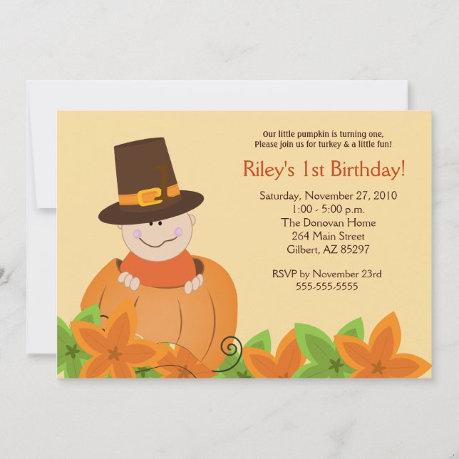 Cute Pumpkin Thanksgiving 5x7 Birthday Invitation (Front)