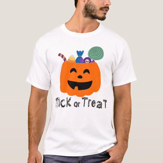 Cute Pumpkin Treat Bucket Trick or Treat Graphic T-Shirt (Front)