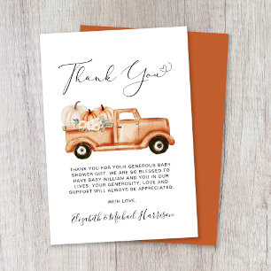 Cute Pumpkin Truck Watercolor Baby Shower Thank You Card