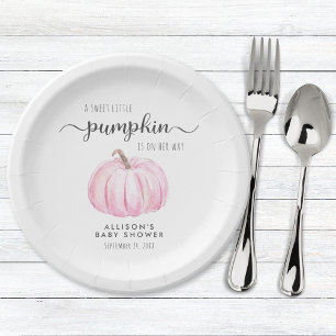 Cute Pumpkin Watercolor Girl Baby Shower Paper Plate