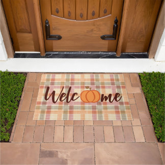 Cute Pumpkin Welcome Fall Orange Red Gingham Doormat
