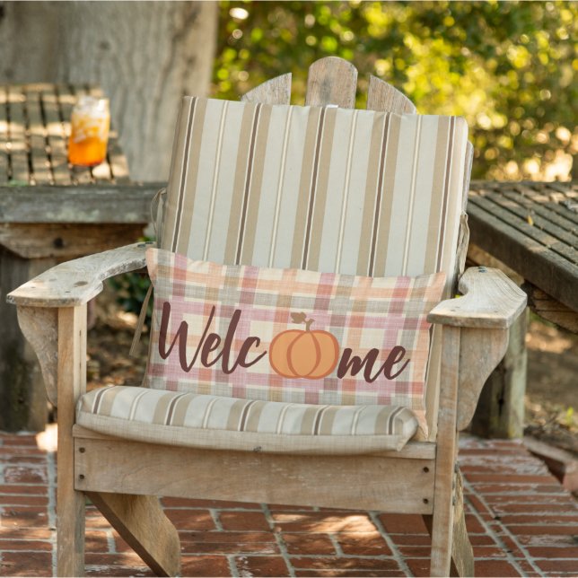 Cute Pumpkin Welcome Wordart Fall Orange Gingham Lumbar Cushion (Chair)