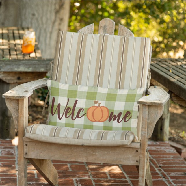 Cute Pumpkin Welcome Wordart On Fall Green Gingham Lumbar Cushion (Chair)