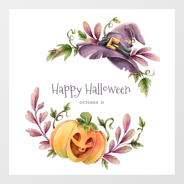 Cute Pumpkin, Witches Hat and Autumn Foliage  Window Cling (Sheet)