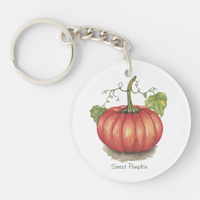 Cute Pumpkin With Vines In Watercolor Key Ring (Front)