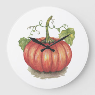 Cute Pumpkin With Vines In Watercolor Large Clock
