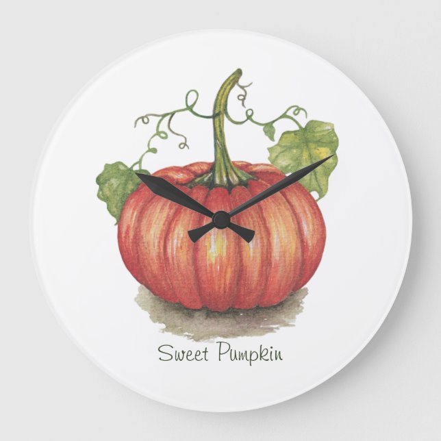 Cute Pumpkin With Vines In Watercolor Large Clock (Front)