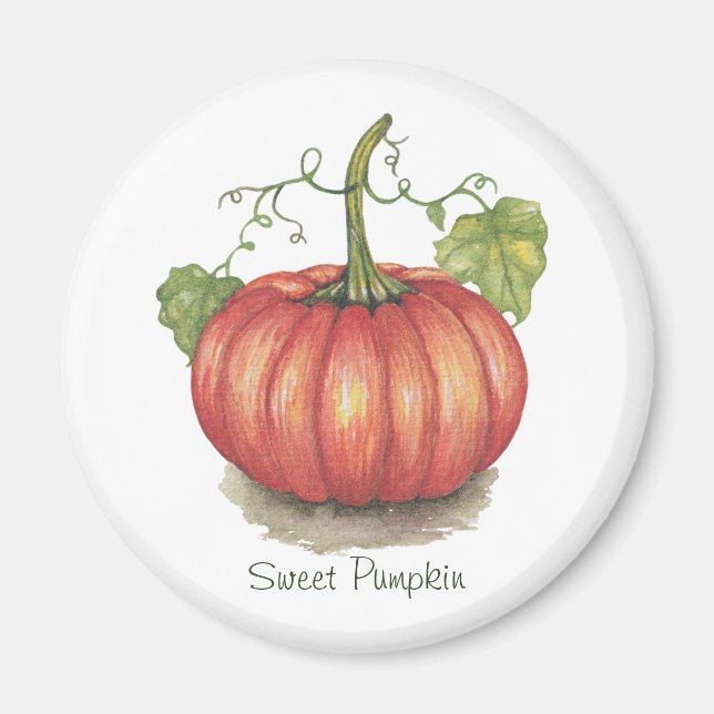 Cute Pumpkin With Vines In Watercolor Magnet (Front)