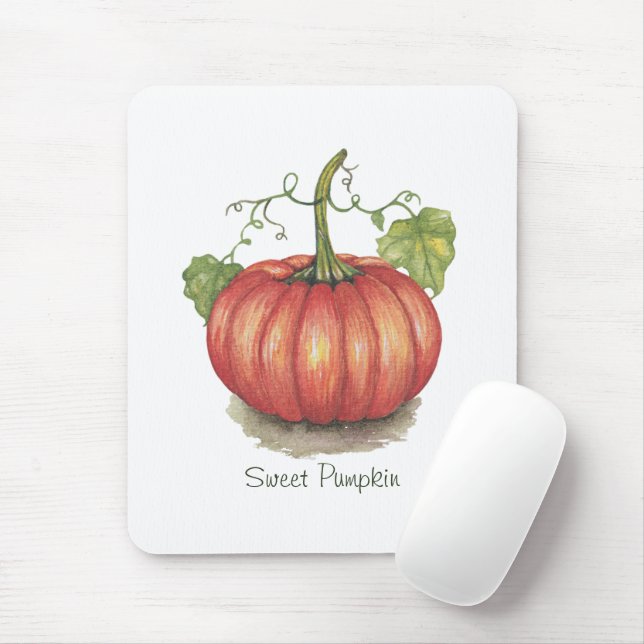 Cute Pumpkin With Vines In Watercolor Mouse Mat (With Mouse)