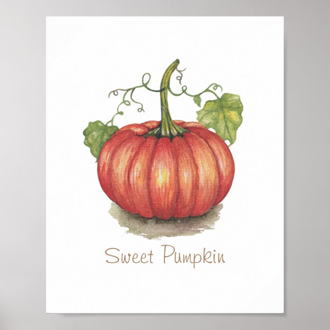 Cute Pumpkin With Vines In Watercolor Poster (Front)