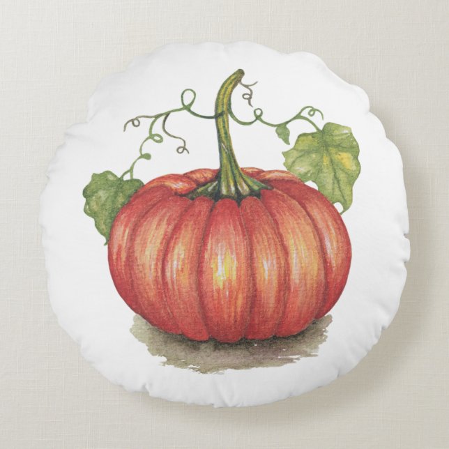 Cute Pumpkin With Vines In Watercolor Round Cushion (Front)