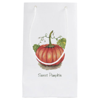 Cute Pumpkin With Vines In Watercolor Small Gift Bag