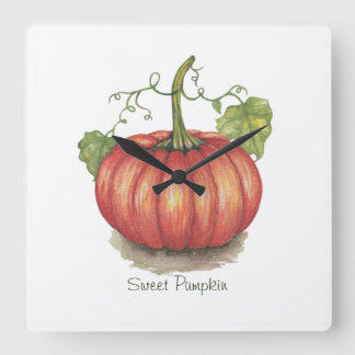 Cute Pumpkin With Vines In Watercolor Square Wall Clock