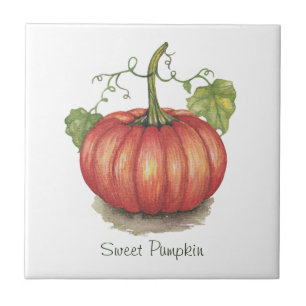 Cute Pumpkin With Vines In Watercolor Tile