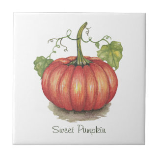 Cute Pumpkin With Vines In Watercolor Tile