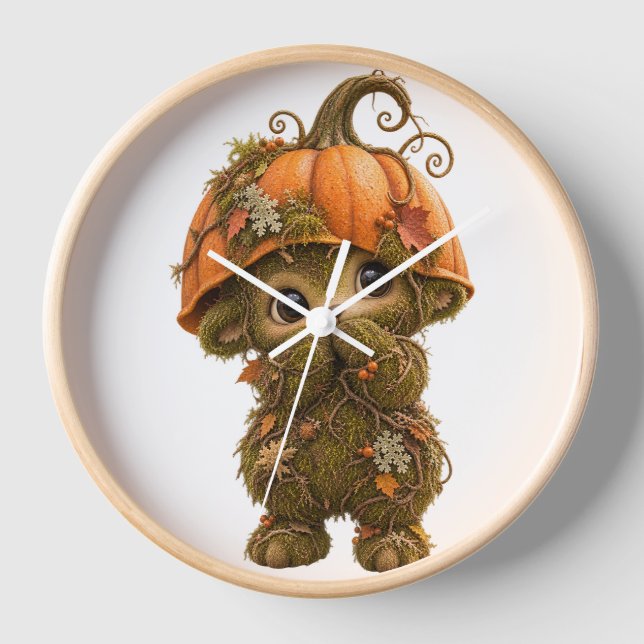 Cute Pumpkin Woodland Creature Wall Clock – Autumn (Front)