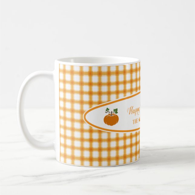 Cute Pumpkin Yellow Orange Plaid Thanksgiving Gift Coffee Mug (Left)