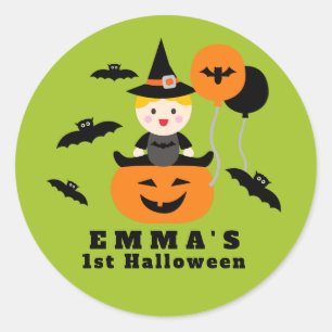 Cute Pumpkins and Bats Babys First Halloween Classic Round Sticker