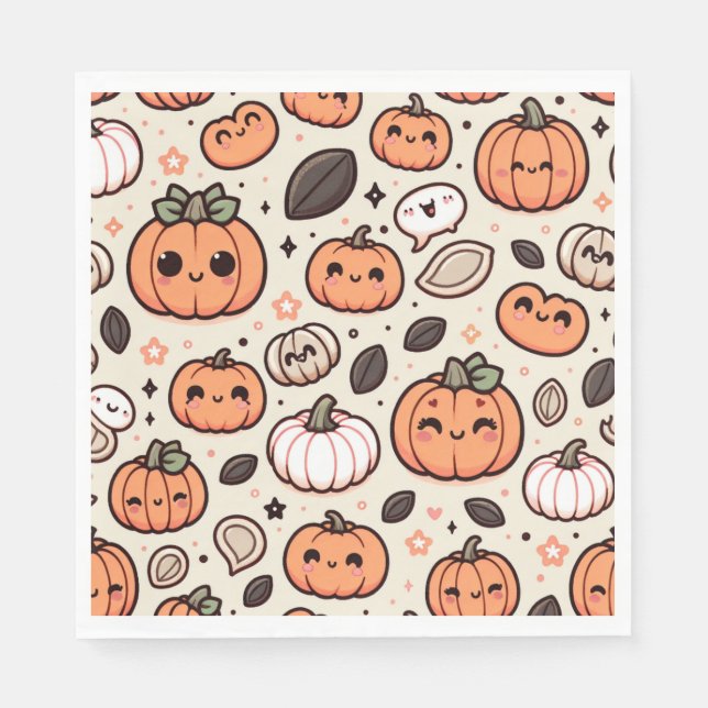 Cute Pumpkins and Pumpkin Seeds Halloween Party Napkin (Front)