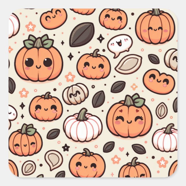 Cute Pumpkins and Pumpkin Seeds Halloween Party Square Sticker (Front)