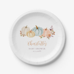 Cute Pumpkins Autumn Floral Baby Shower Paper Plate