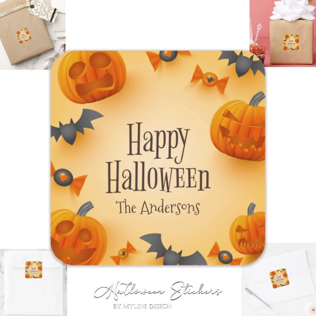 Cute Pumpkins Bats and Spyders Happy Halloween Square Sticker (Creator Uploaded)