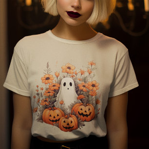Cute Pumpkins Ghost Watercolor Floral Halloween T-Shirt