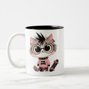 Cute Punk Cat with Skateboard   Pink Punk Kitty  Two-Tone Coffee Mug