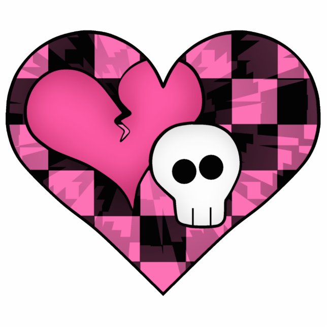 Cute punk hot pink and black heart and skull photo sculpture magnet (Front)