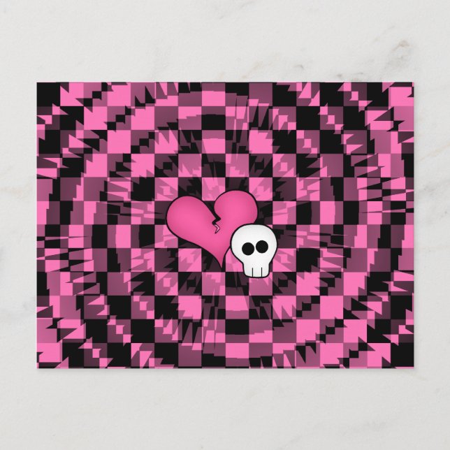 Cute punk hot pink and black heart and skull postcard (Front)