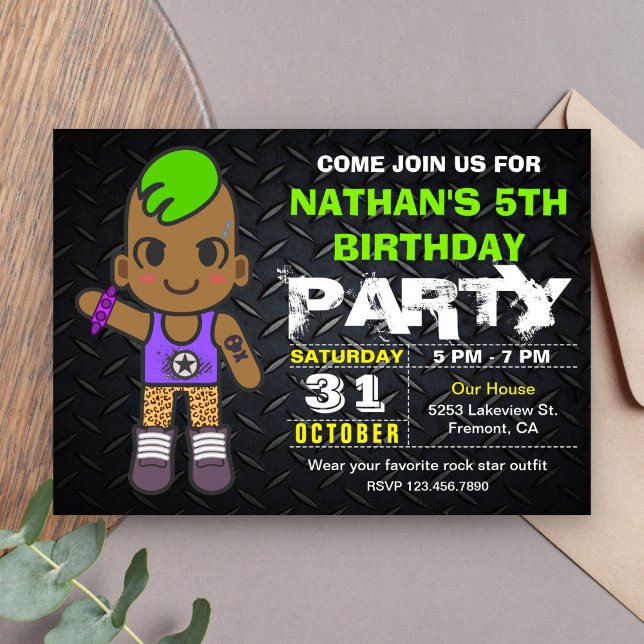Cute Punk Neon Rock Star Birthday Party Invitation (Creator Uploaded)