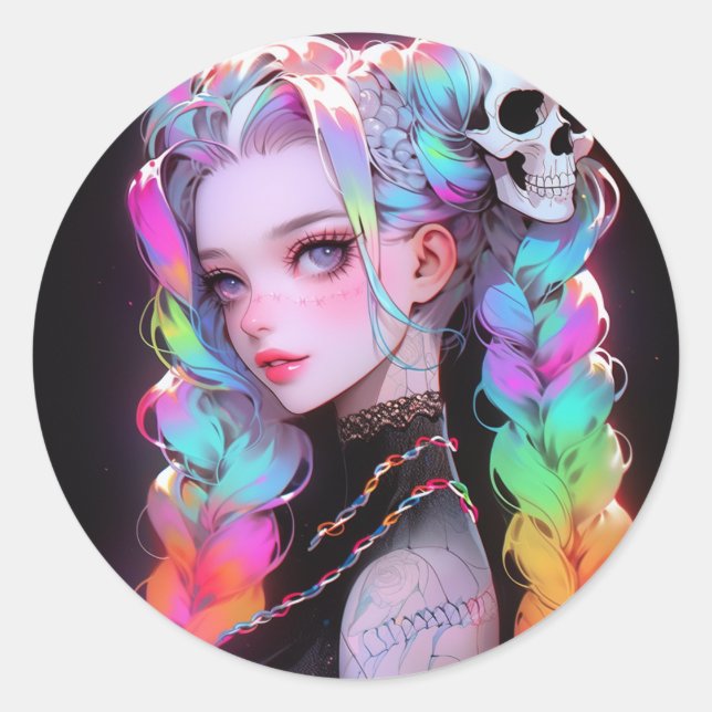 Cute Punk Rock Skull Goth Rainbow Braid Anime Girl Classic Round Sticker (Front)