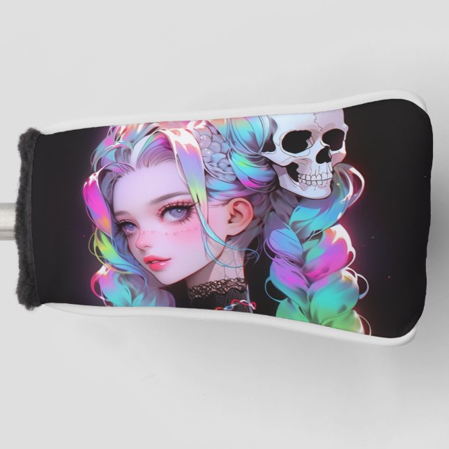 Cute Punk Rock Skull Goth Rainbow Braid Anime Girl Golf Head Cover (Front)