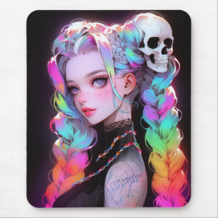 Cute Punk Rock Skull Goth Rainbow Braid Anime Girl Mouse Mat