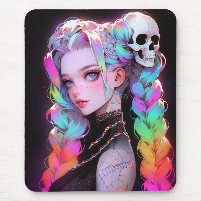 Cute Punk Rock Skull Goth Rainbow Braid Anime Girl Mouse Mat (Front)