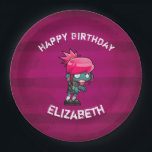 Cute Punk Rock Zombie Girl Happy Birthday Paper Plate<br><div class="desc">Paper plates with a cute zombie girl illustration with hot pink hair and deathly green skin. Wearing punk rock themed attire. Her arms outstretched searching for brrraaaains. 

Set on a dark magenta grunge style background with faded stripes. Personalise with a name.</div>
