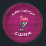 Cute Punk Rock Zombie Girl Happy Birthday Paper Plate<br><div class="desc">Paper plates with a cute zombie girl illustration with hot pink hair and deathly green skin. Wearing punk rock themed attire. Her arms outstretched searching for brrraaaains. 

Set on a dark magenta grunge style background with faded stripes. Personalise with a name.</div>