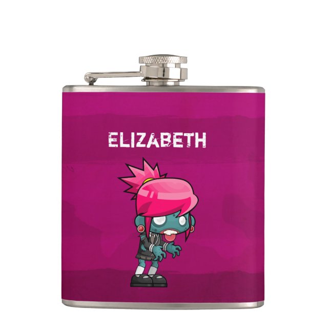 Cute Punk Rock Zombie Girl Illustrated Hip Flask (Front)