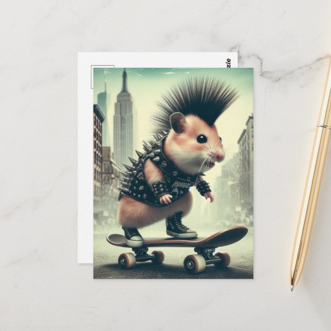 Cute Punk Skateboarding Hamster 1980s style Postcard (Front/Back In Situ)