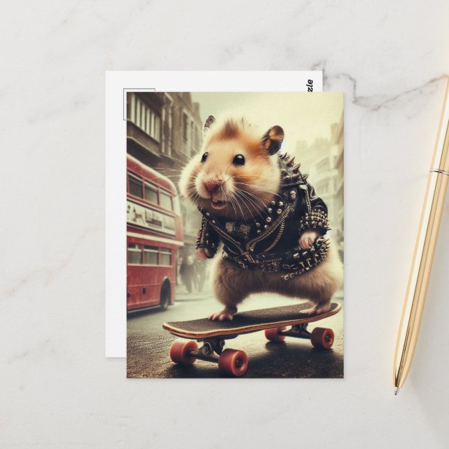 Cute Punk Skateboarding Hamster Doubledecker Bus Postcard (Front/Back In Situ)
