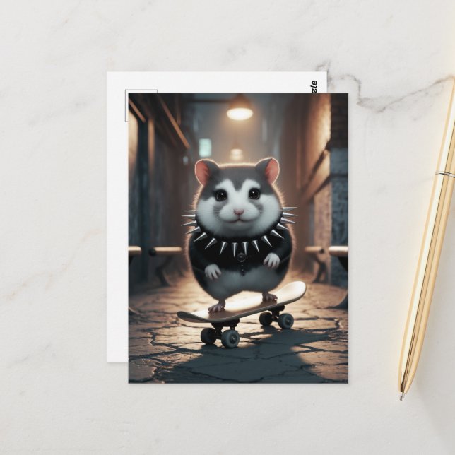 Cute Punk Spiked Collar Skateboarding Hamster Postcard (Front/Back In Situ)