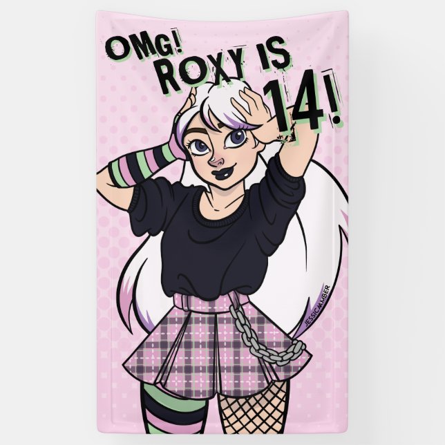 Cute Punk Teen Girl Pink Cartoon 14th Birthday Banner (Vertical)