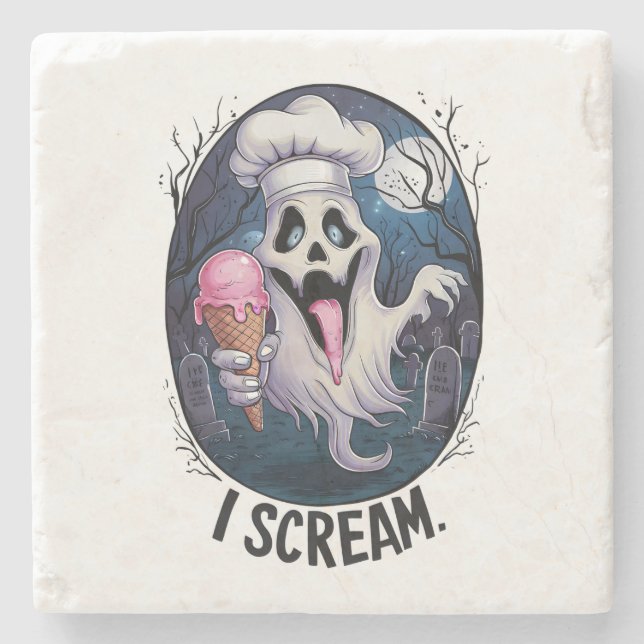 Cute Punny Ghost Ice Cream Halloween Coaster (Front)