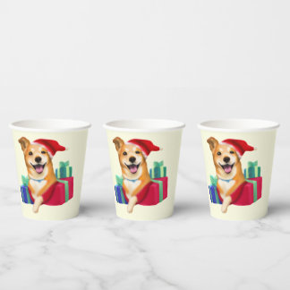 Cute Pup with Santa Hat and Gifts Paper Cups